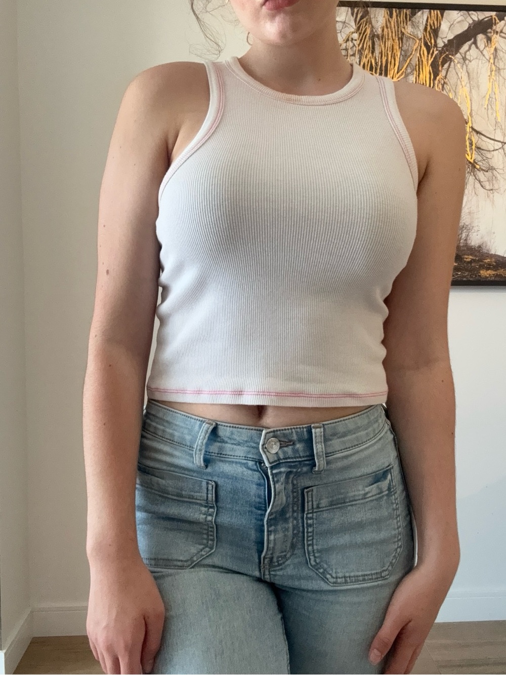 Ribbed White Crop Tank Top with Pink Trim